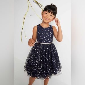 Girls holiday/party dress. Navy/gold stars.